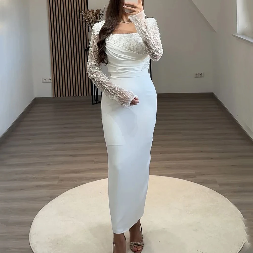 

Fashion Ankle Length Evening Dress Square Collar Long Sleeve with Beading Lace Sheath Elegant Customized فساتين سهرة New