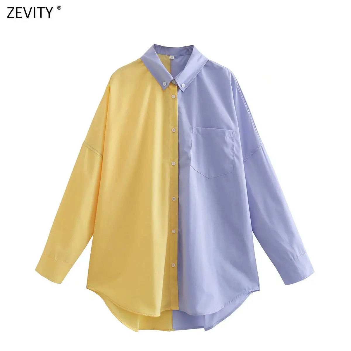 ZEVITY Women Fashion Contrast Color Patchwork Loose Blouses Ladies Long Sleeve Button-up Female Shirts Blusas Chic Tops LS730