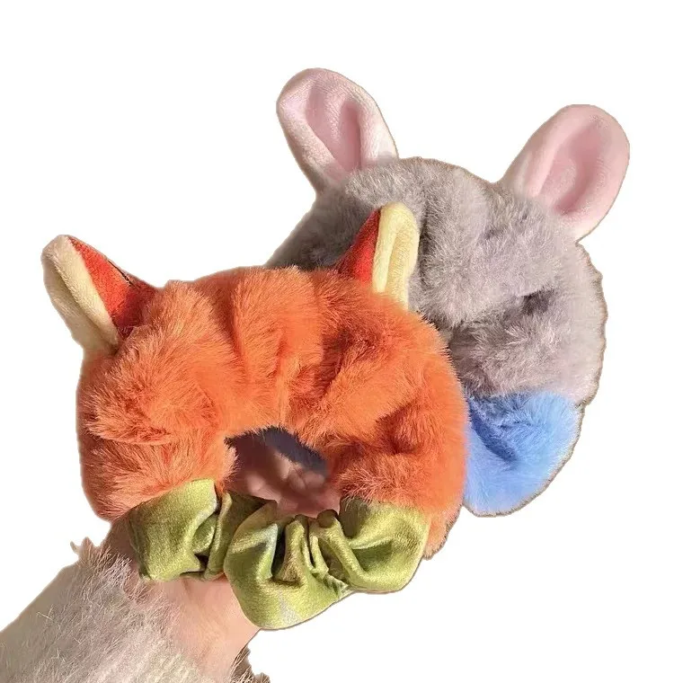 ズートピア2 ジュディ＆ニック ぬいぐるみヘアゴム、女の子向けキュートな漫画風シュシュ、柔らかいゴムバンド、可愛いヘアアクセサリー、スイートスタイル