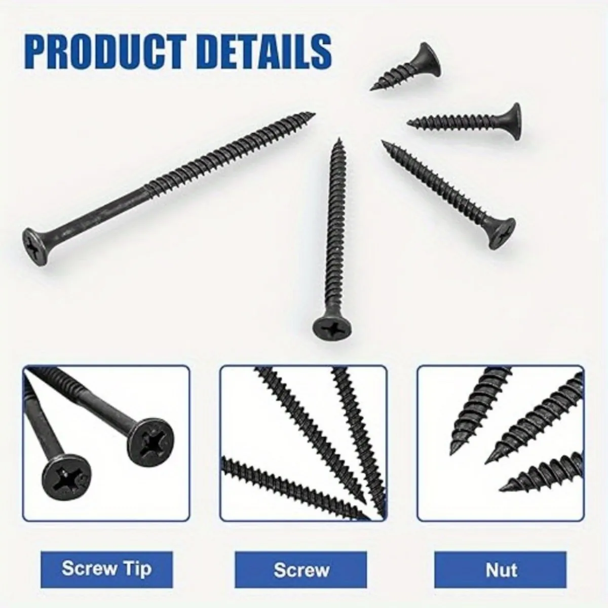 Self tapping screw set, available in various sizes and styles, used for wood repair and electrical assembly