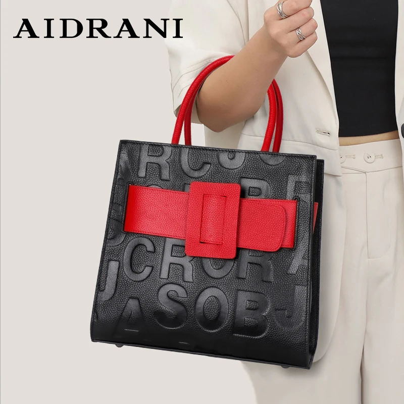 Aidrani  Fashionable women's large capacity handbag with letter print design, made of cowhide material, square, black