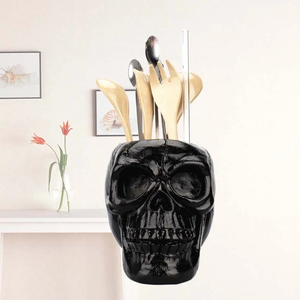 Creative Skull Storage Box Pen Holder Resin Statues Home Desk Decor Halloween Party Ornaments Decoration (Black)