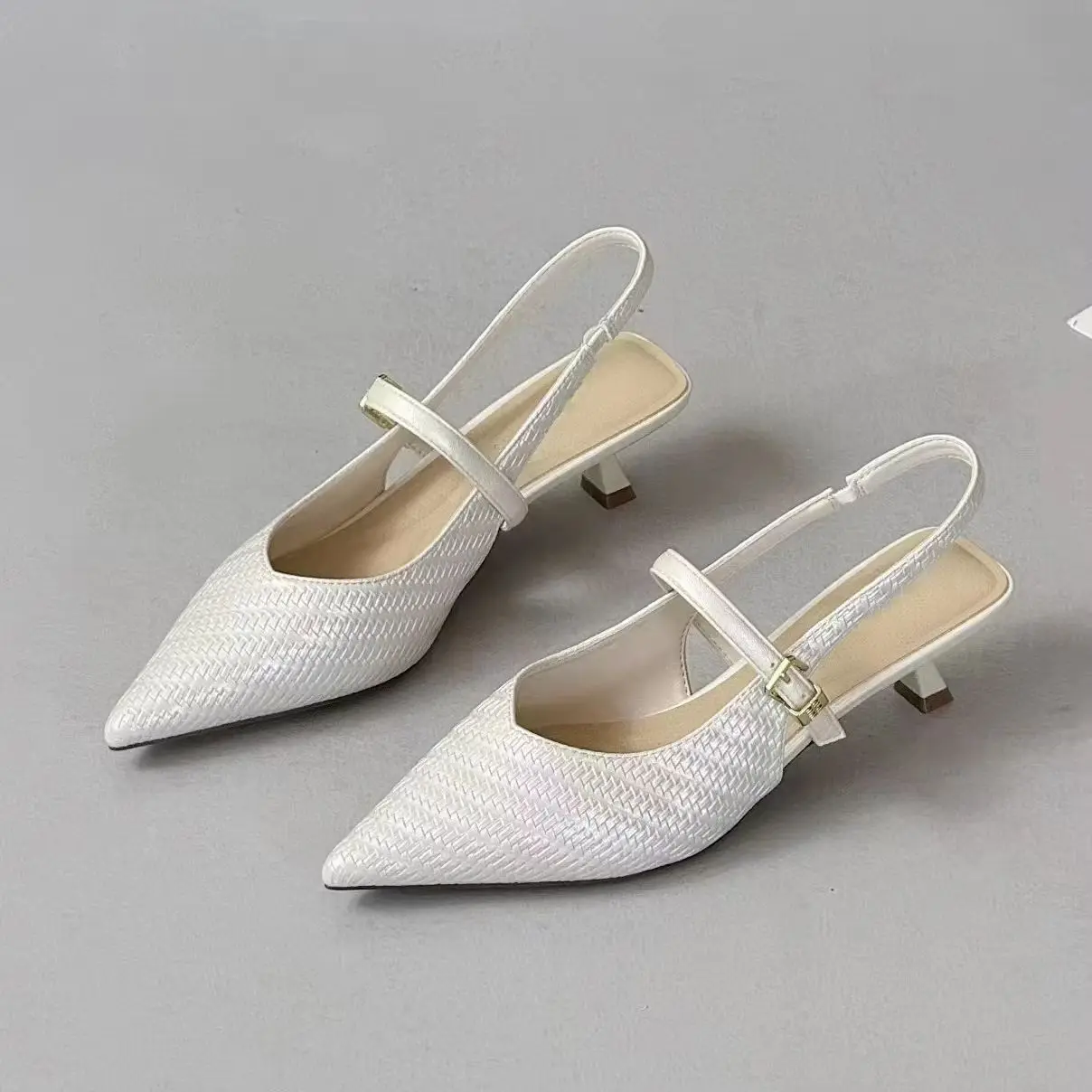 Women Pointed Toe Slingback Sandals Woven Leather Kitten Heels Buckle Strap Backless Elegant Office Dress Mules Pumps