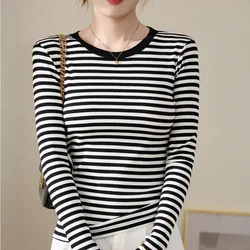 #0405 Black And White Striped T Shirt Women Round Neck Stretch Cotton Skinny Tee Shirt Femme Sexy Short T-shirt Long Sleeve