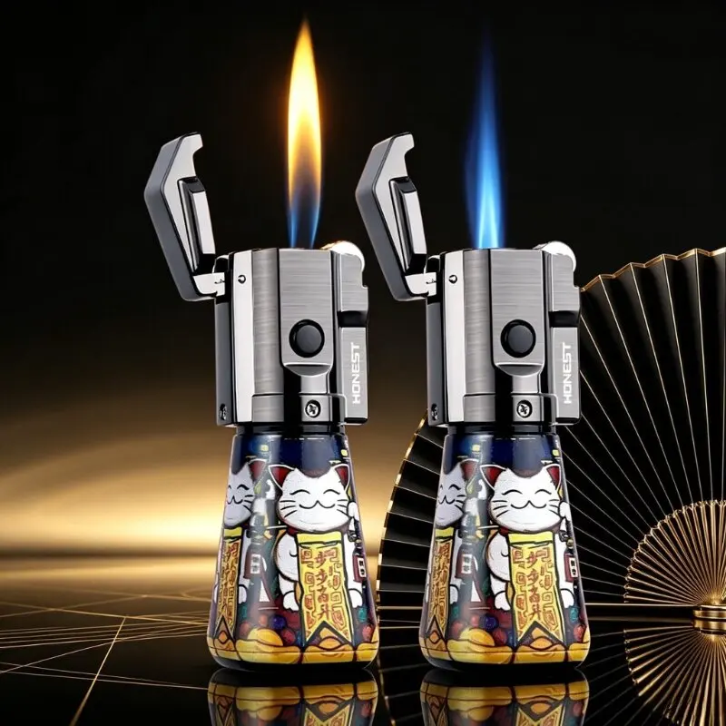 Windproof Inflatable Blue Flame Cigar Lighter with Grinding Wheel Direct Injection Trendy Metal Lighter for Wholesale