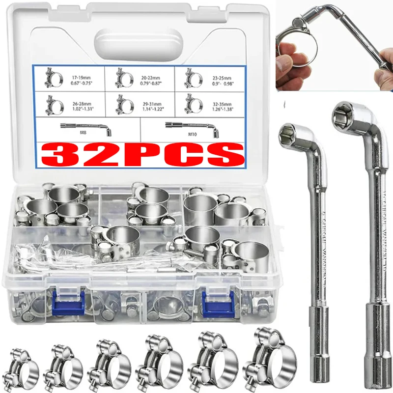 

32pcs 304 Stainless Steel Clamps Pipe TubeThroat Hoop 6 Sizes T-bolt Hose Clamps Heavy Duty Hose L-wrench Assortment Kit