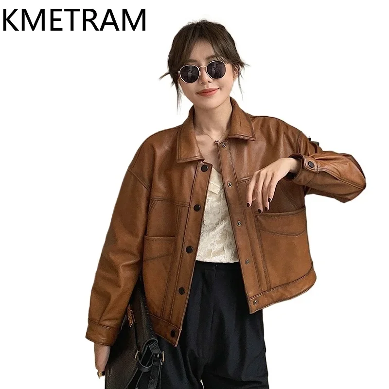 100 % Schaffell Damen Echtlederjacke Herbst- und Winterkleidung Vintage braune Jacken Motorrad-Oberbekleidung 2024 Ettбка