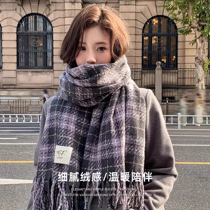 Vintage Warm Winter Cashmere Scarf Mohair Soft Long Tassel Scarves Thickened Plaid Thickened Shawl Wrap Women 2024 NEW Scarf