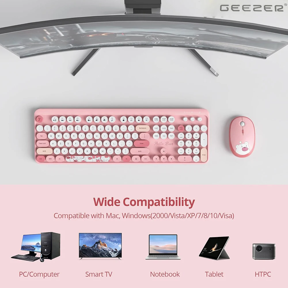 Ergonomic 2.4G Plug and Play Wireless Keyboard and Mouse Combo,104 Key Coloful Retro Round Keycap Keyboard for PC/Laptop/Desktop
