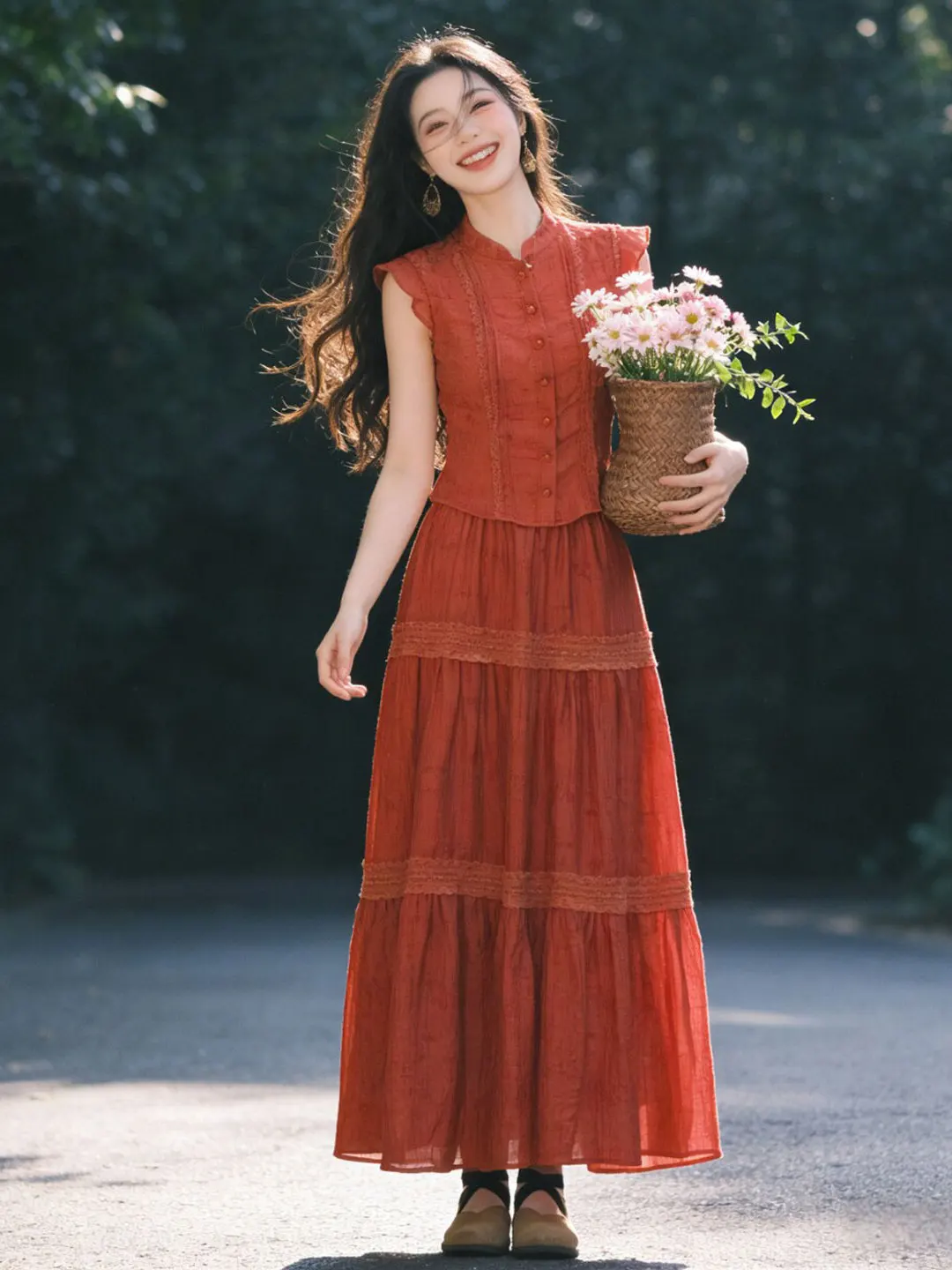 

Retro Gentle Style Half Skirt Two-Piece Set Super Cute Summer Outfit Complete OOTD Ensemble Comfortable Breathable Cotton Mat...