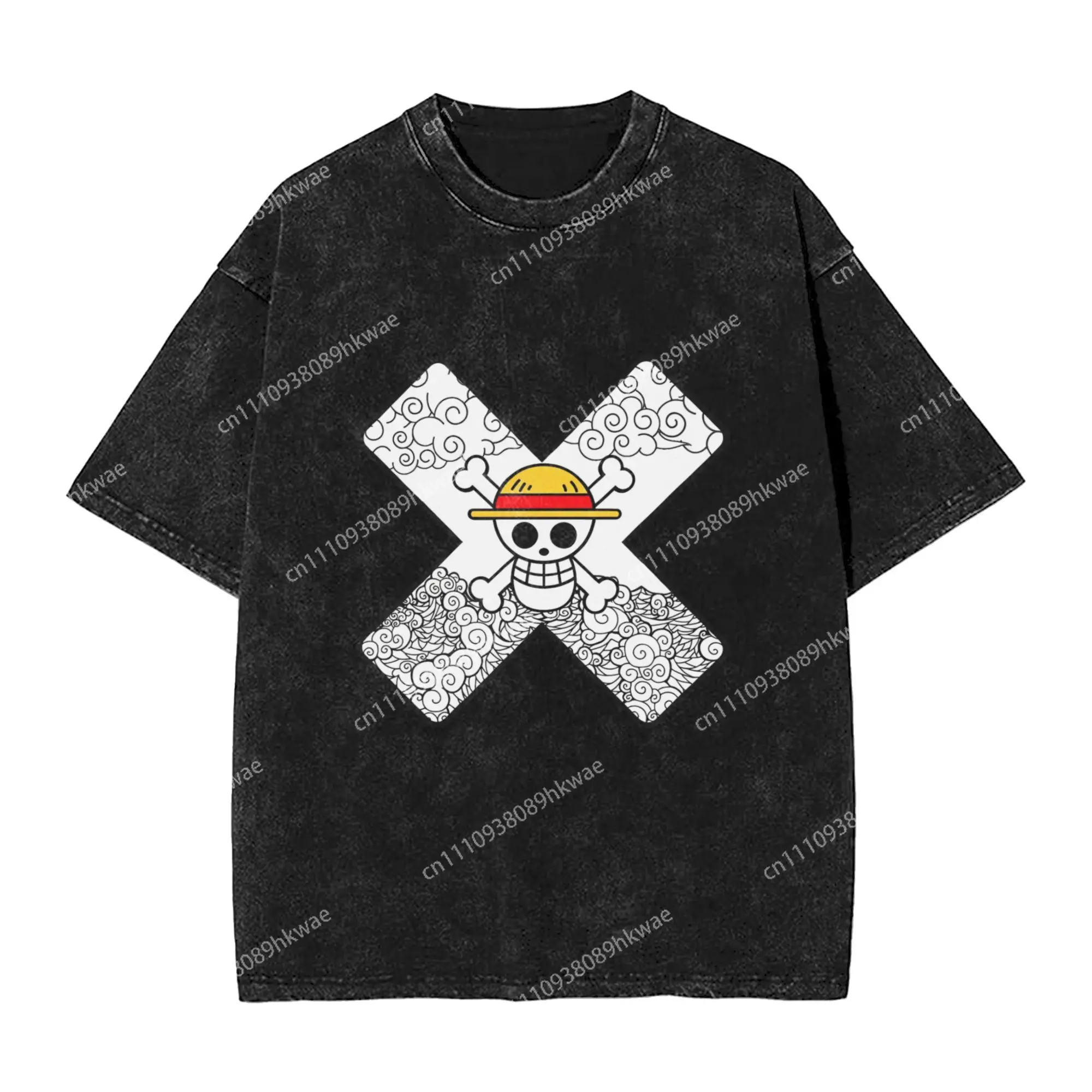 Camiseta de Manga Corta con Estampado de Sombrero de Paja y Bandera de One Piece, Estilo Nakama, Lavada, Streetwear, Hip Hop, Retro, para Hombre y Mujer, Verano