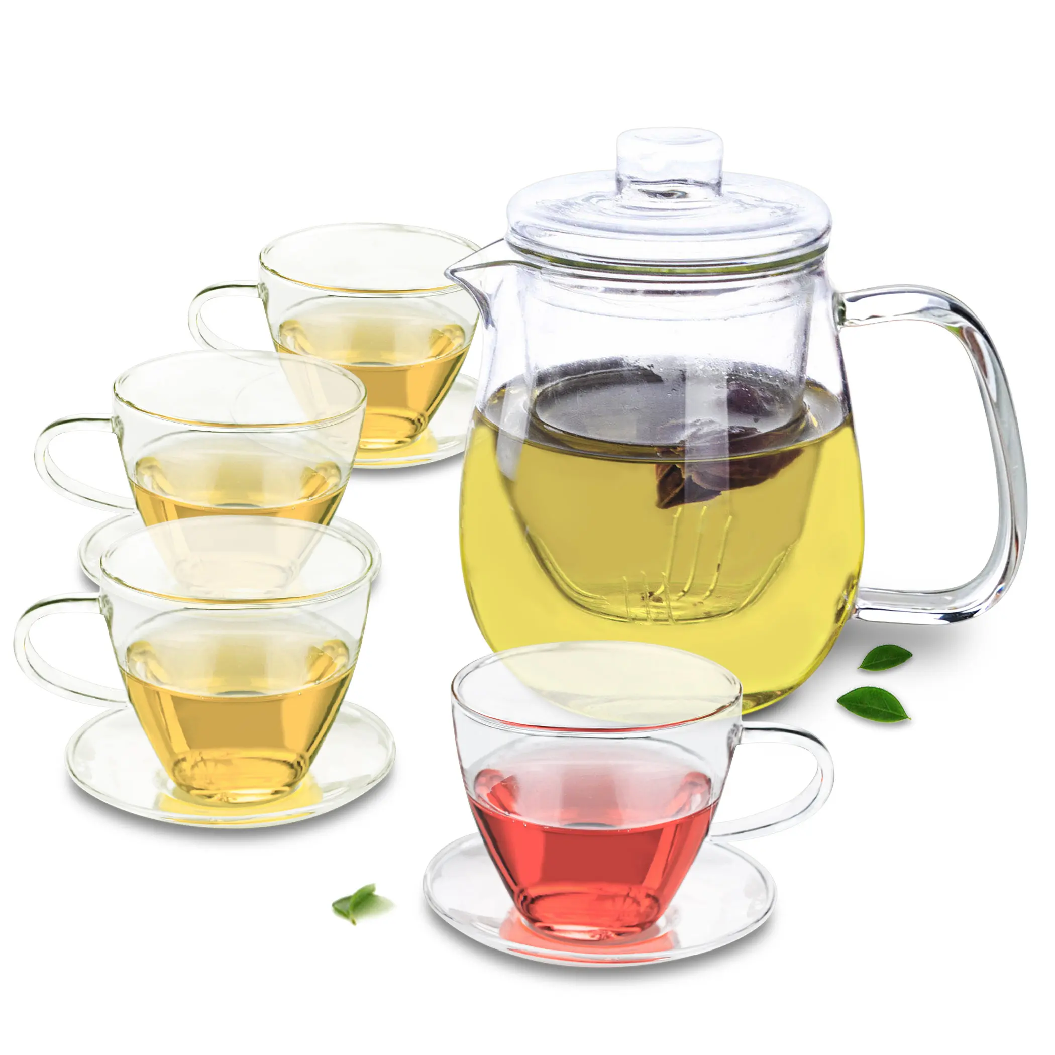 

1x Heat Resistant Handmade Clear Glass Tea Set -750ml Teapot +4x Sets of 160ml Coffee Tea Cups & Saucers