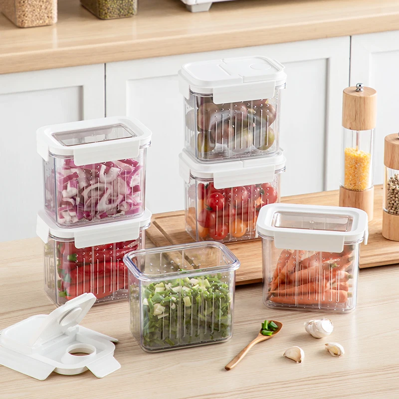 

Drain Basket Storage Container Seal Portable Seasoning Fruit Vegetable Drain Organizer Stackable Box Kitchen Accessories