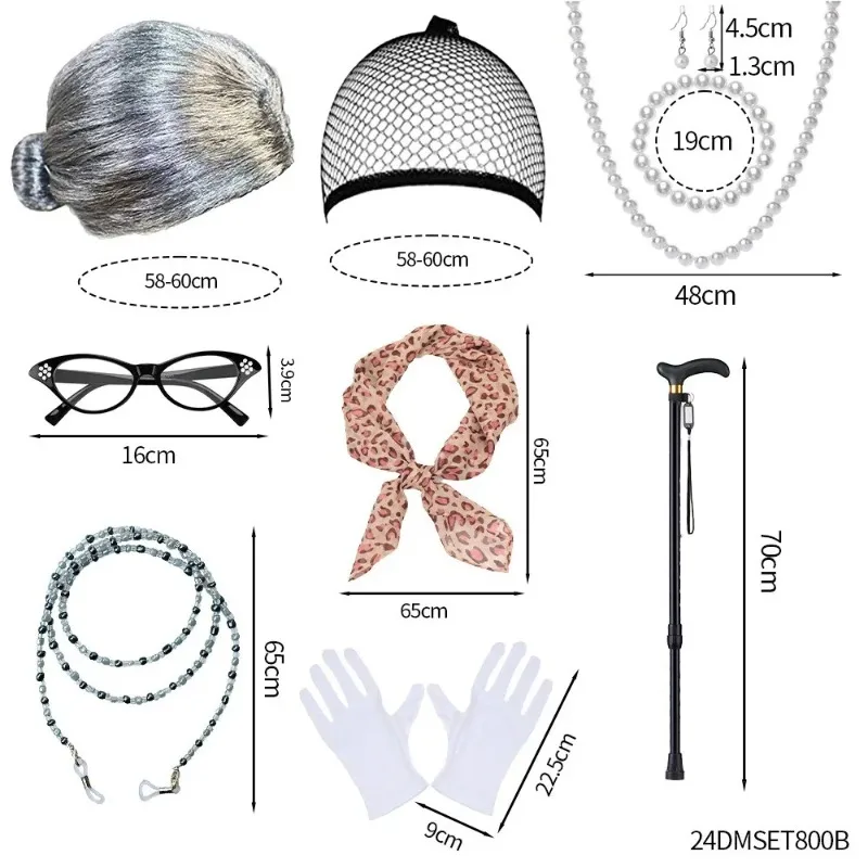 

Ecoparty Бабушка Косплей парик комплект Бабушка Костюм Шляпа Очки Очки Фиксатор Цепи Жемчужное ожерелье Парик для Хэллоуина