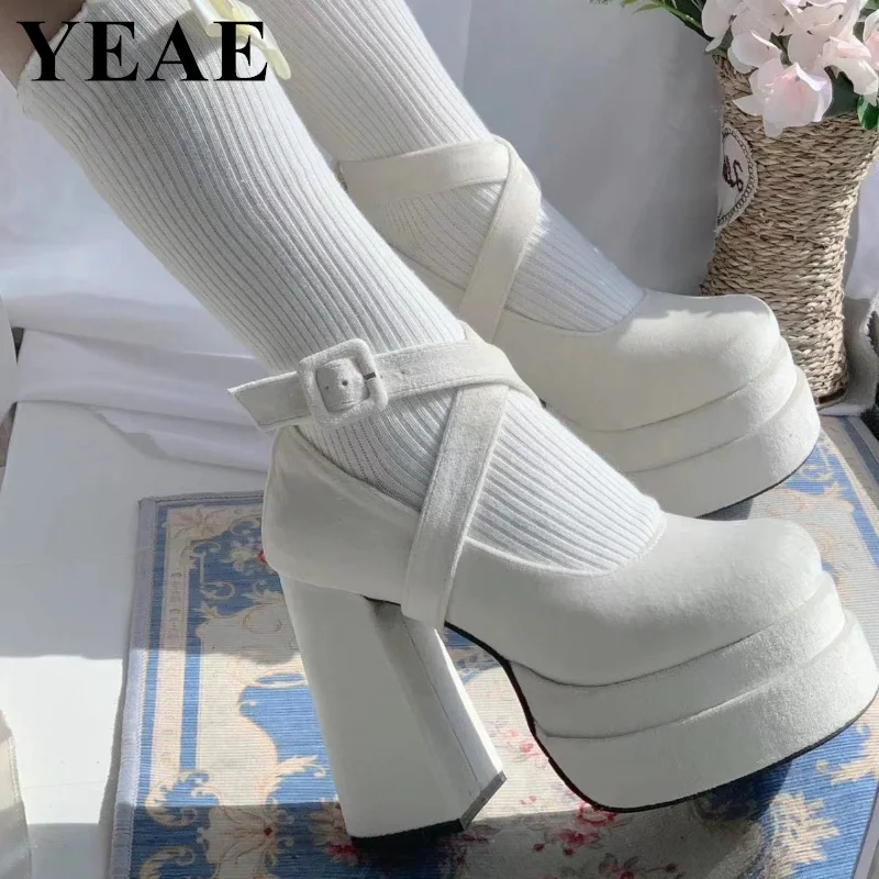 New Thick Sole Platform Shoes Chunky Heels Mary Jane Shoes Women Vintage Girls Lolita Shoes Cross-tied High Heels Plus Size 40