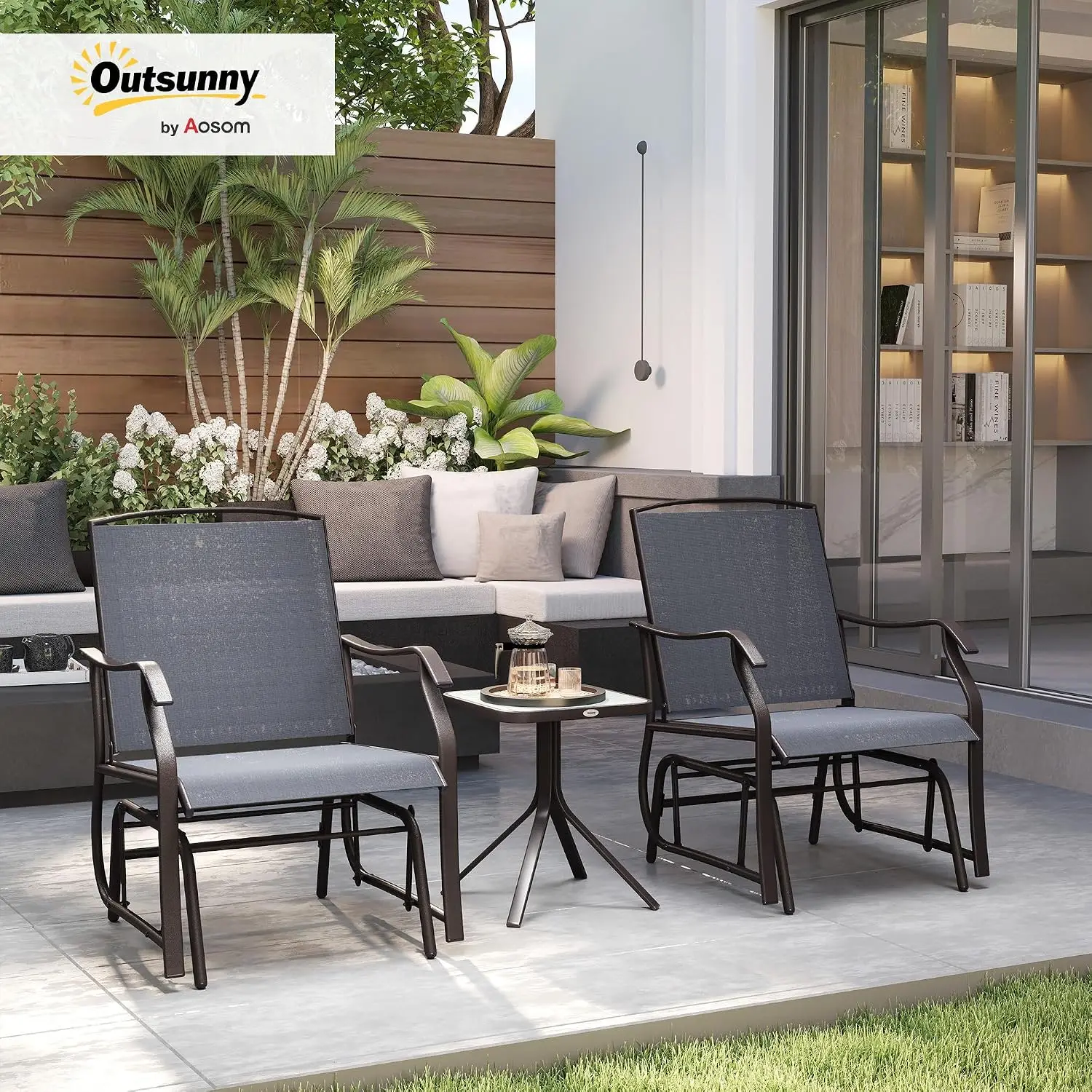 3-Piece Outdoor Glider Set, 2 Rocking Chairs with Sling Fabric & Glass Table for Garden Porch, Customized
