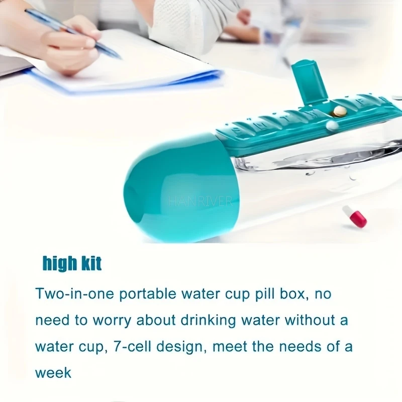 600ml 7-compartment medicine box, water cup, sports plastic water bottle, medicine box 2-in-1