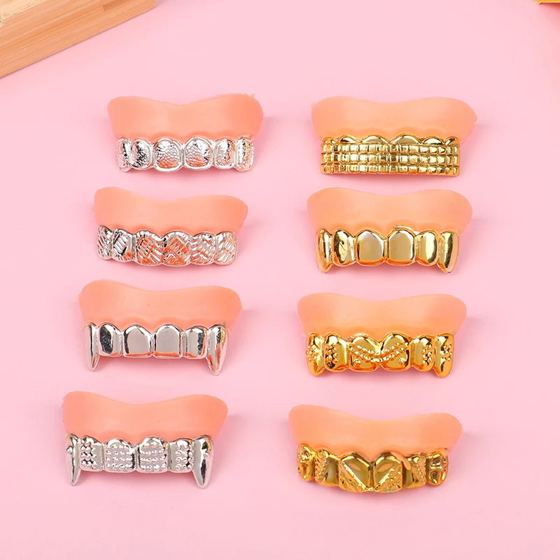 

2 PCS Halloween Costumes Electroplated Gold And Silver False Teeth Simulated Zombie False Teeth Funny Trick Braces