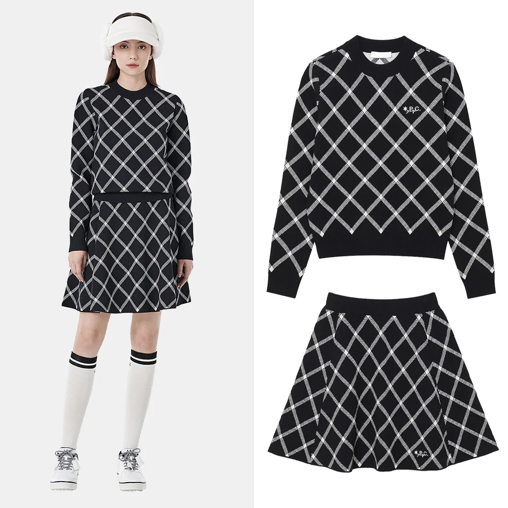 New Women\'s Golf Set Quality Short Skirt Slimming Long Legs Plaid Trendy Knitted Sweater Fashionable Commute Style Long Sleev...