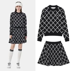 New Women's Golf Set Quality Short Skirt Slimming Long Legs Plaid Trendy Knitted Sweater Fashionable Commute Style Long Sleev...