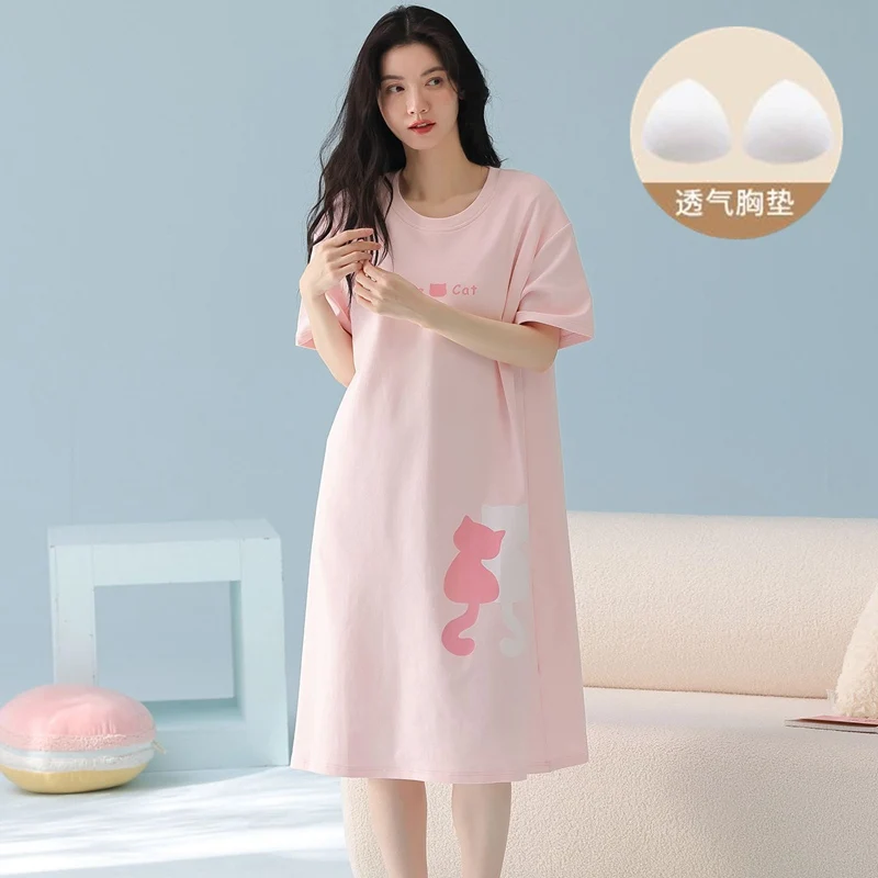 

2026 Summer Short Sleeve 100% Cotton Nightgowns for Women Korean Cute Cartoon Sleepwear Night Dress Nightdress Femme Home Nighty