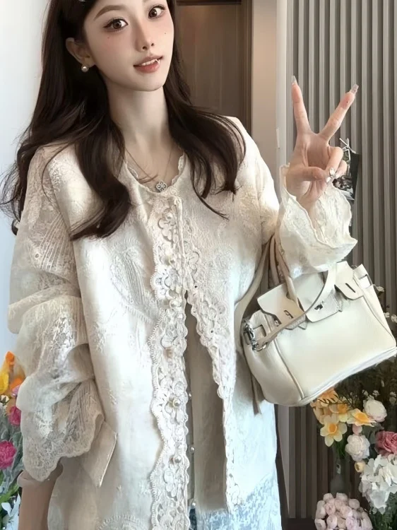 

Fashionable Lace Hollow out Long Sleeve V-Neck Top And Short Jacket Set for Women Elegant Spring Season Polyester Fiber