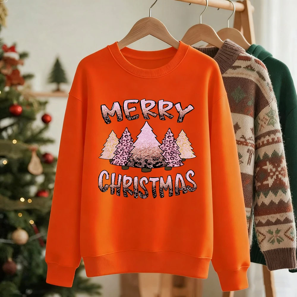 Merry Christmas Creative Trees Prints Sweatshirts Women Loose Soft Hoodies Fleece Warm Crewneck Clothes Winter Casual Pullovers