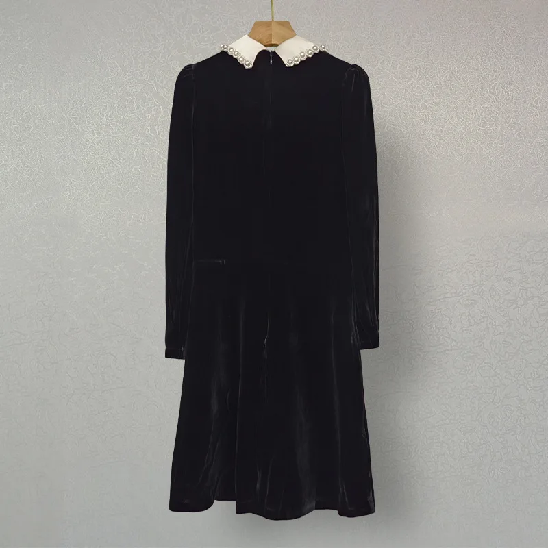 

Женское черное бархатное мини-платье с жемчугом и лацканами, мини-платье с длинными рукавами