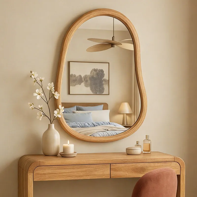 Wooden Modern Mirror Asymmetrical Vanity Aesthetic Art Aesthetic Decoration Mirror Living Room Hanging Spiegels Home Products