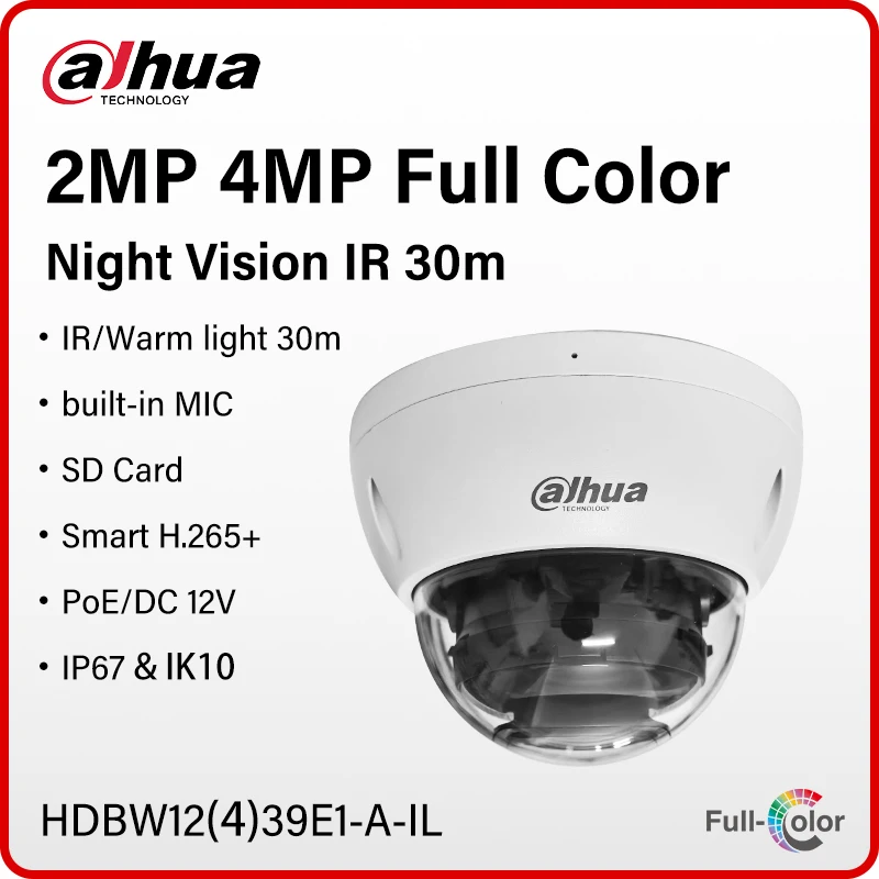 Dahua 2MP 4MP Full Color Dome Camera Smart Dual Light Outdoor Human Detection Waterproof Camera Built in Mic PoE HDBW1439E1-A-IL