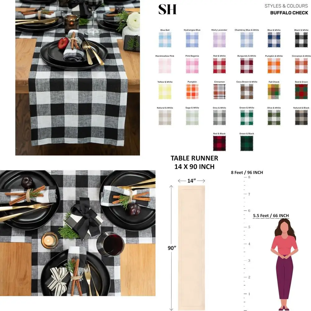 

90 Pure Linen Black & White Buffalo Plaid Table Runner, Perfect for Dining, Fall, Thanksgiving & Holidays