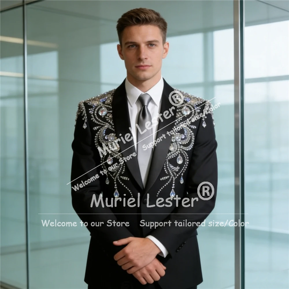 Luxury Groom Wedding Suits 2 Piece Sets Satin Shawl Label Prom Blazers Customized Man Formal Wear Outfits Slim Fit Men's Tuxedos