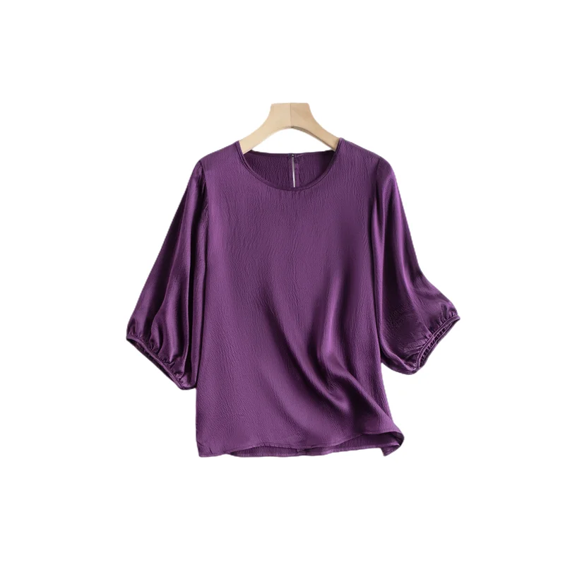 Light Luxury Temperament High-end Feeling Lantern Sleeves 100% Natural Mulberry Silk Pearl Satin Round Neck Versatile T-shirt