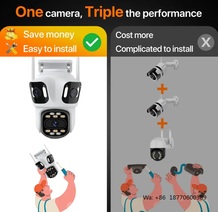 4K 8MP Outdoor IP WiFi Triple Lens Screen Security PTZ Auto Tracking Multi-Lens Wireless CCTV Camera Surveillance ICSEE
