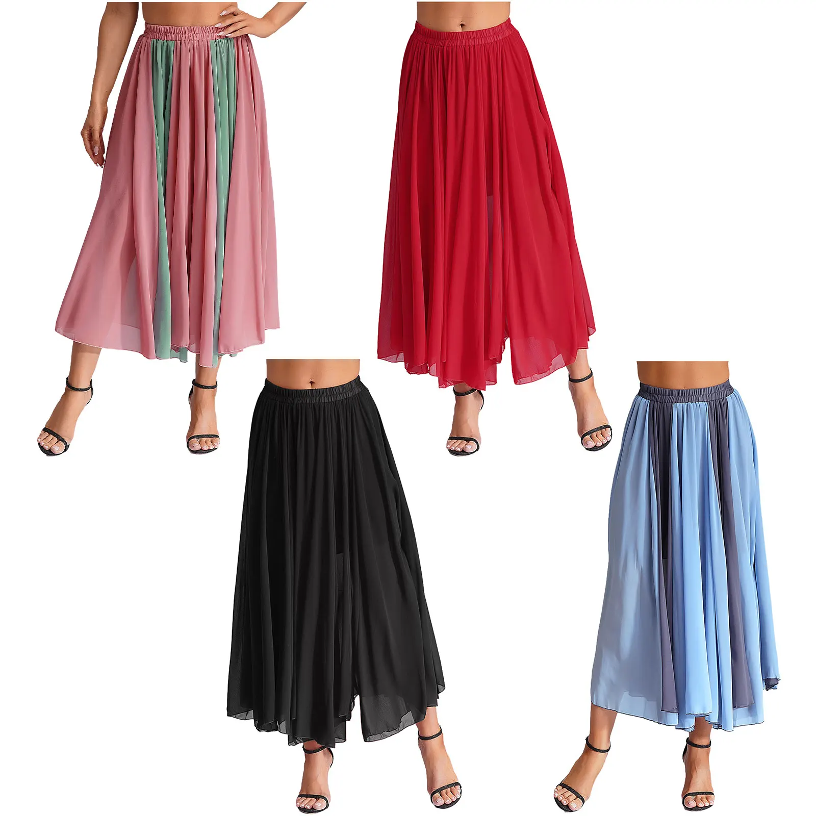 Women 720 Degrees Skirts for Flamenco Lyrical Dancewear Elastic Waistband Flowy Swing Long Skirt for Performance Competition