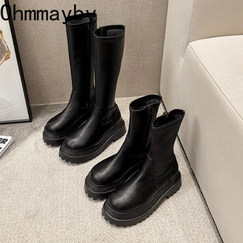 

Fashion Chunky Woman Knee-High Boots Punk Style Platform Thick Sole Long Booties 2026 Spring Autumn Ladies Shoes
