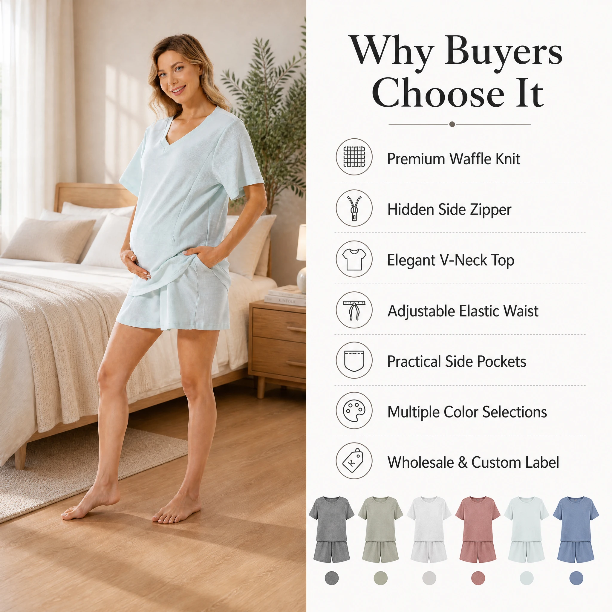 Waffle Knit Maternity Nursing Pajama Set Hidden Side Zipper Breastfeeding Loungewear Shorts