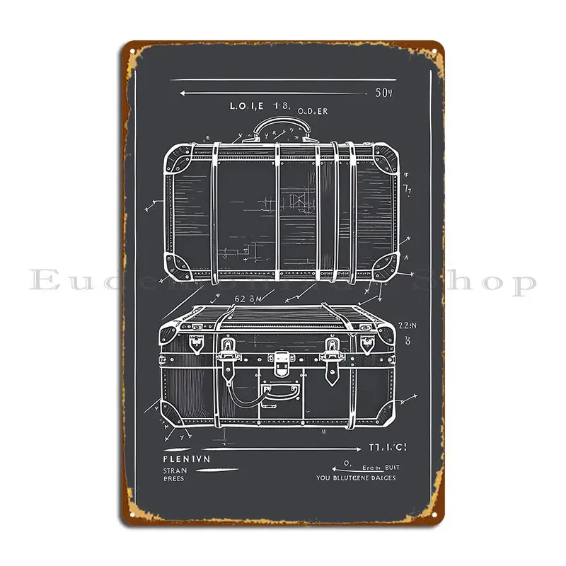 Vintage Blueprint Suitcase No 1b Iconic Baggage Travel Art Illustration Grey Black And White Drawing Metal Sign Designer