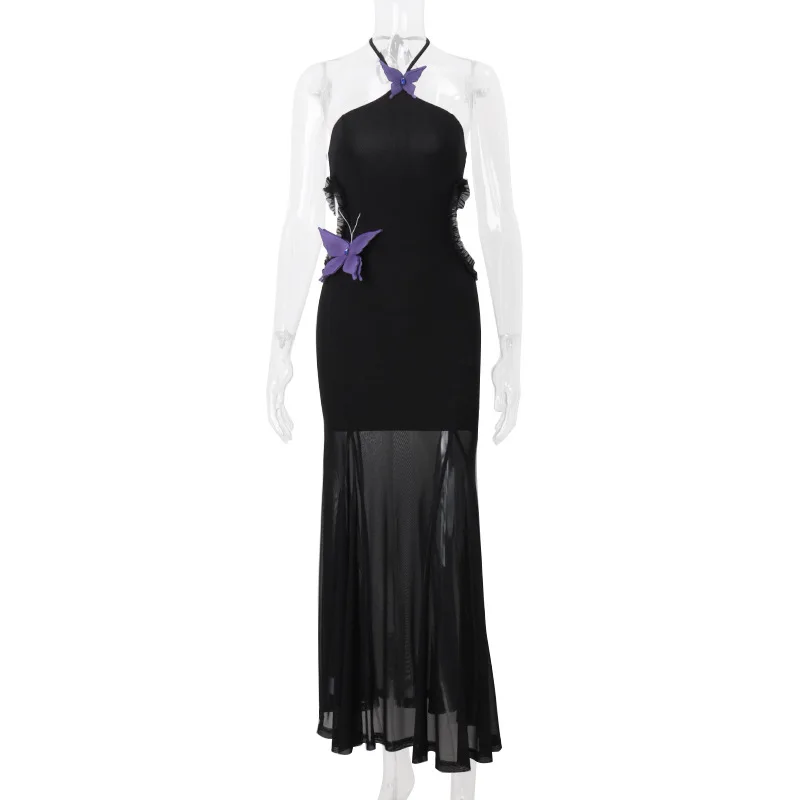 Vestido de noche con volantes ahuecados para mujer, traje Sexy con cuello Halter, con apliques de mariposa, transparente, elegante, para fiesta, playa, cóctel, 2024