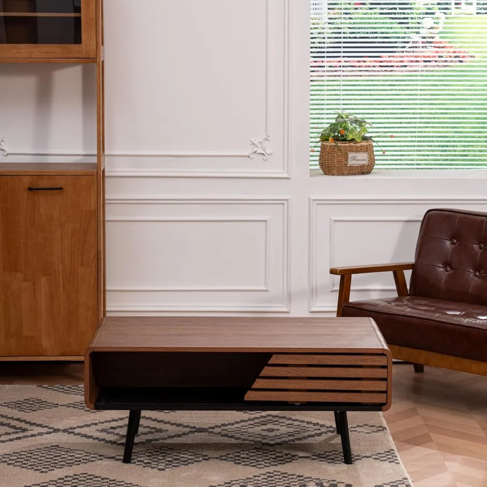 طاولة قهوة، 40 طاولة قهوة حديثة مع مساحة تخزين وباب منزلق لغرفة المعيشة، باللون الأسود والجوز