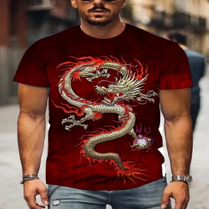 Spring Summer Men\'s Casual 3D Dragon Ethnic Graphic Printed Polyester Comfortable Round Neck Short Sleeve T-Shirt