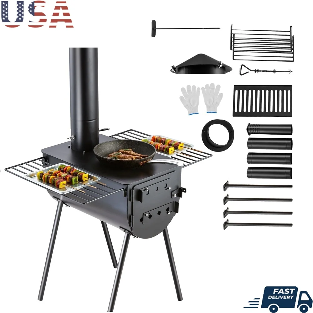 

Alloy Steel Wood Burner Portable Camping Heater Wood-Fired Stove with Chimney Pipes Accessories Safe Efficient Compact Design