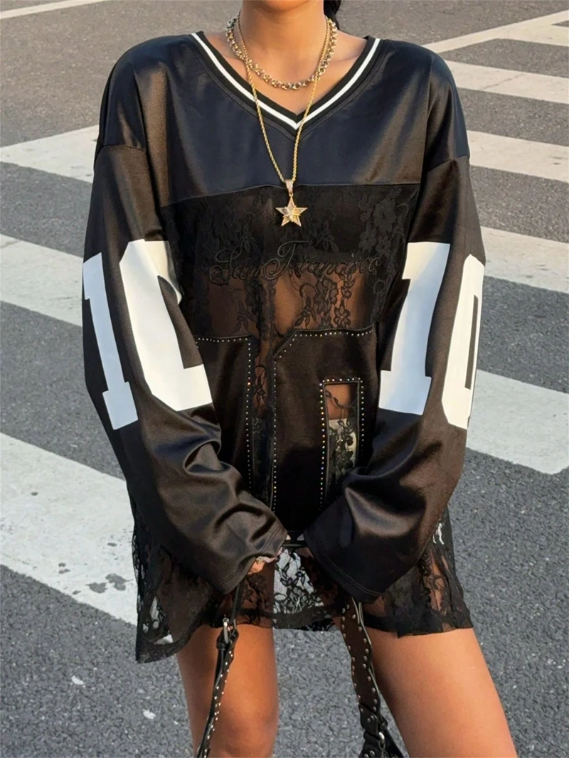 STYLISH LADY Hollow Out Lace Sweatshirts 2025 Summer Women Long Sleeve V Neck Casual Loose Letter Number Printed Street Tops