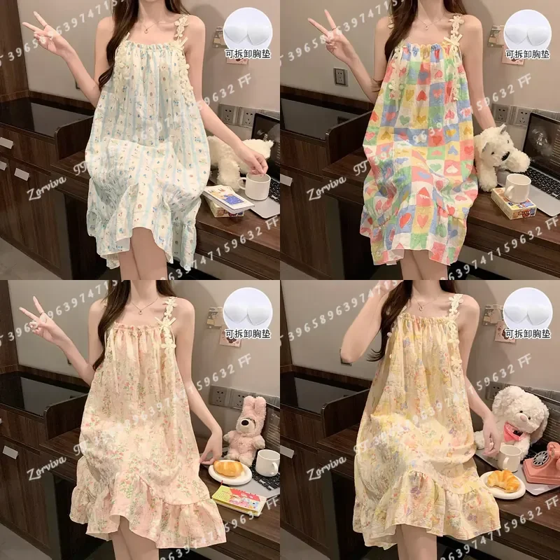 Korean Sweet Sling Pajamas Dress Floral Loose Nightgown with Chest Pad Women Summer Thin Cloud Cotton Home Clothes Loungewear