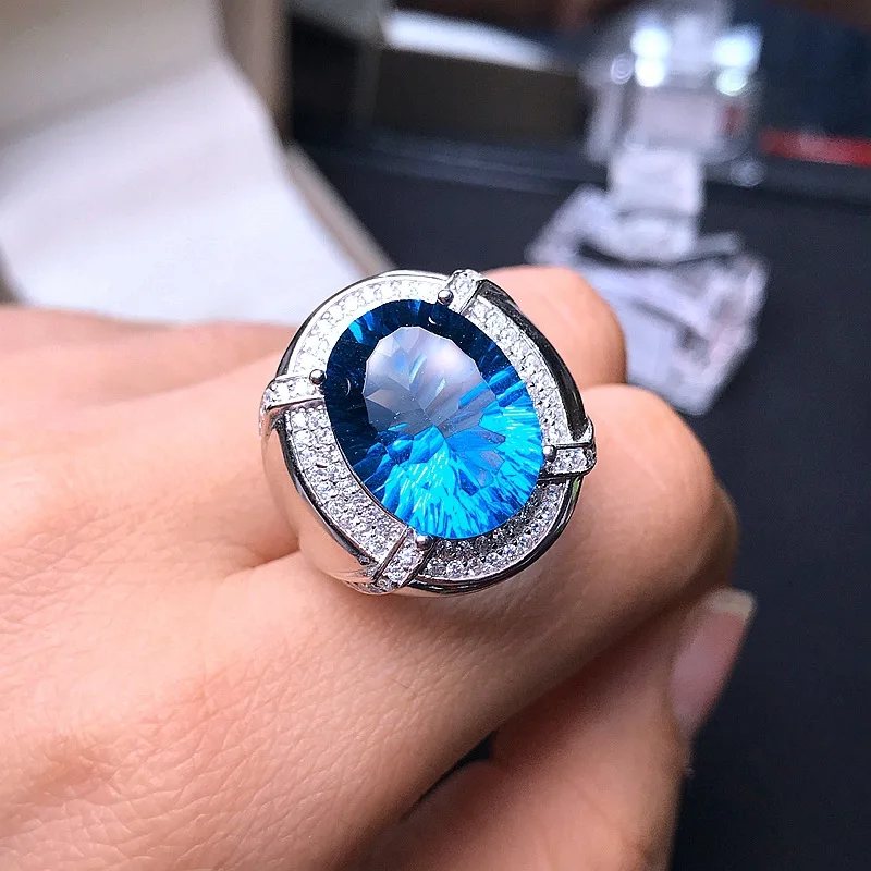 

925 Sterling Silver Natural Topaz Ring London Blue Topaz 12x16mm Elegant Queen's Ring for Men Party Engagement