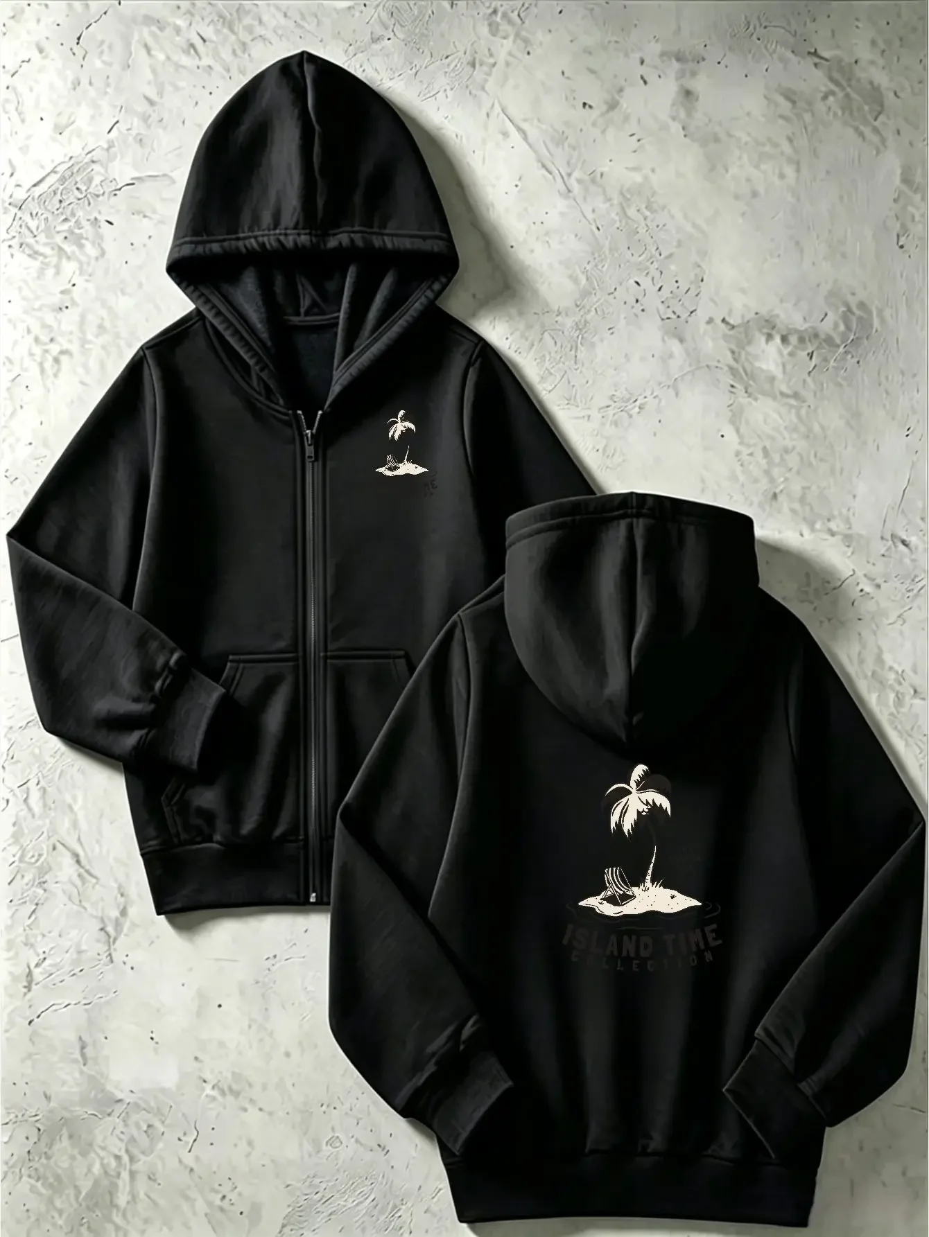 Kid Zip Up Hoodie Island Time Palm Tree Beach Surf Graphic Print Long Sleeve Loose Hooded Jacket For Boy Summer Casual Outerwear