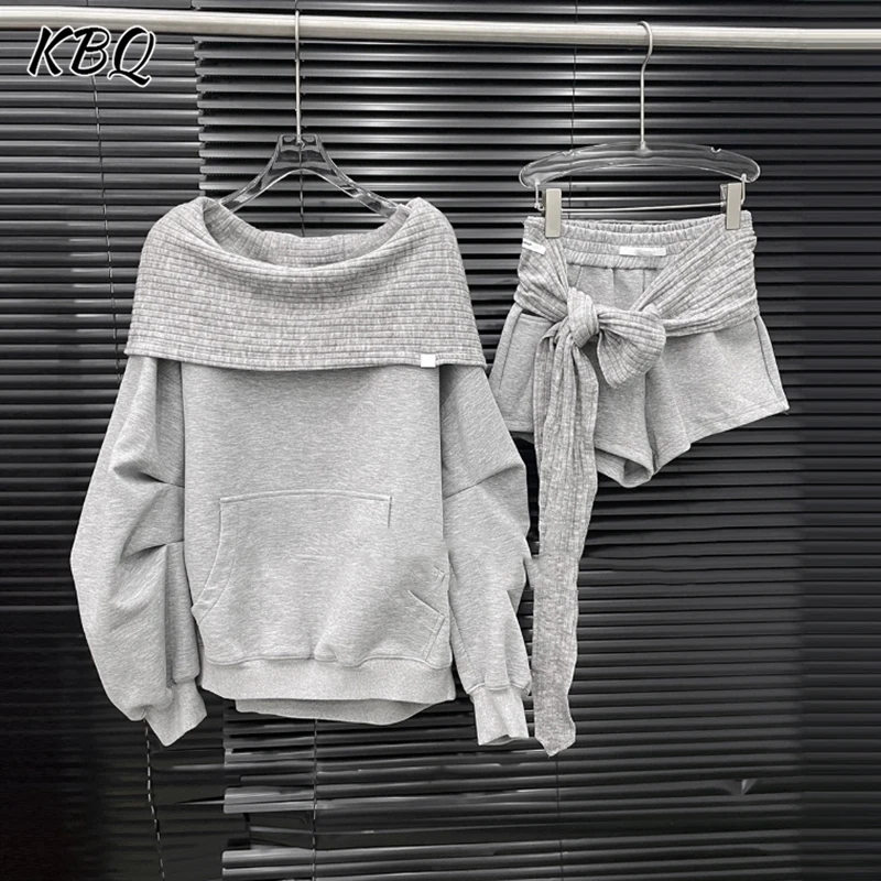 

KBQ Solid Two Piece Sets for Women Round Neck Long Sleeve Blouse High Waist Spliced Bowknots Skirts Chic Set Female Fashion New