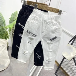 Boys' Hole Black and White letter Pants 2024 Spring/Summer New Stretch Denim Korean Slim fit Fashionable Pants  2-7 Years