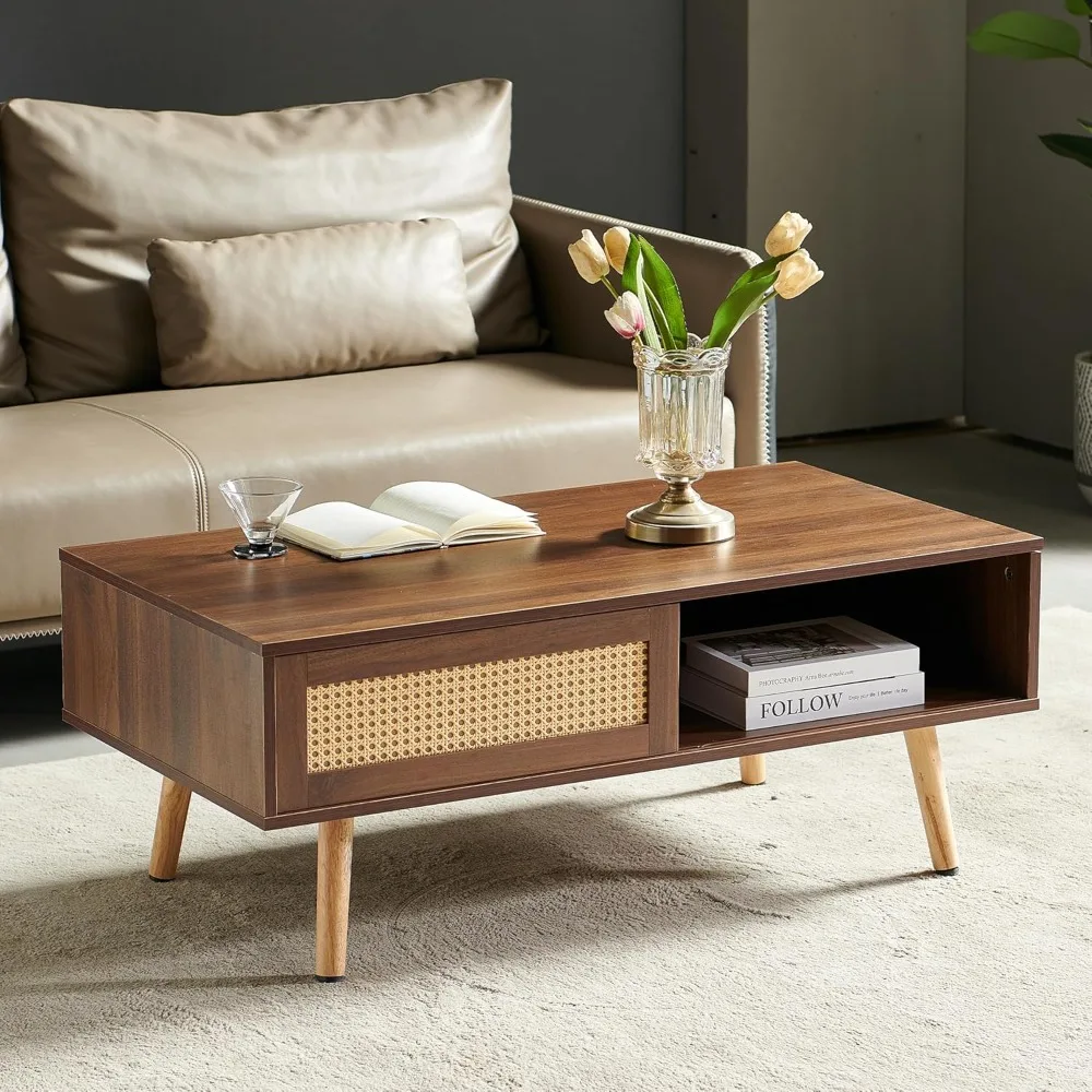 

Mid Century Modern Coffee Table with Storage, 41.3 Inch Rectangle Wooden Accent Center Tables with Sliding PE Rattan, Woven Door