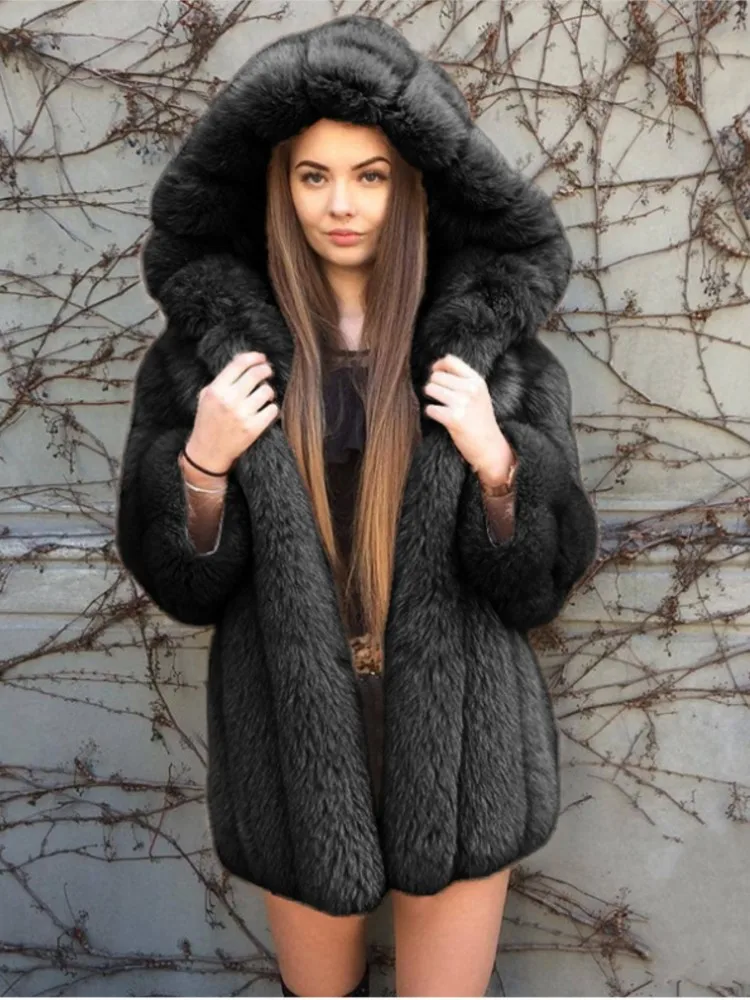 

Women Faux Fur Winter Outwear Thick Warm Hooded Solid Full Sleeve Fox Fur Jacket For Female Chicl Mid Length Open Stitch Winter